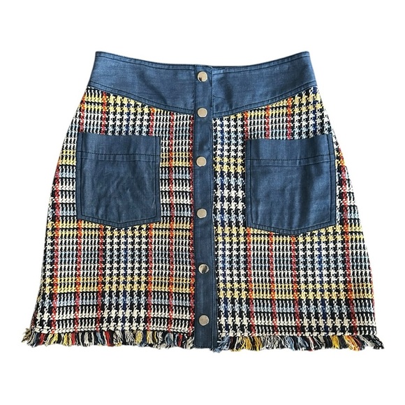Zara Blue Multi Tweed Plaid Mini Skirt Pockets Snap Front Denim Colorful… - Picture 13 of 16